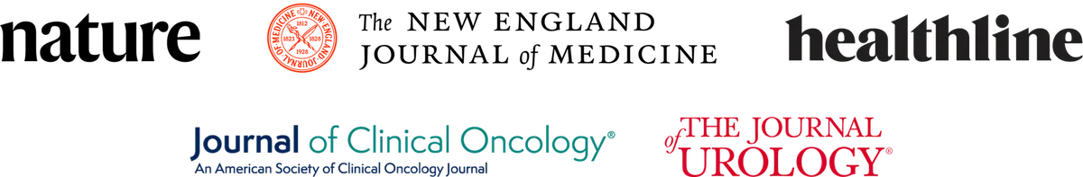 A row of publication logos: Nature, The New England Journal of Medicine, Healthline, Journal of Clinical Oncology and The Journal of Urology