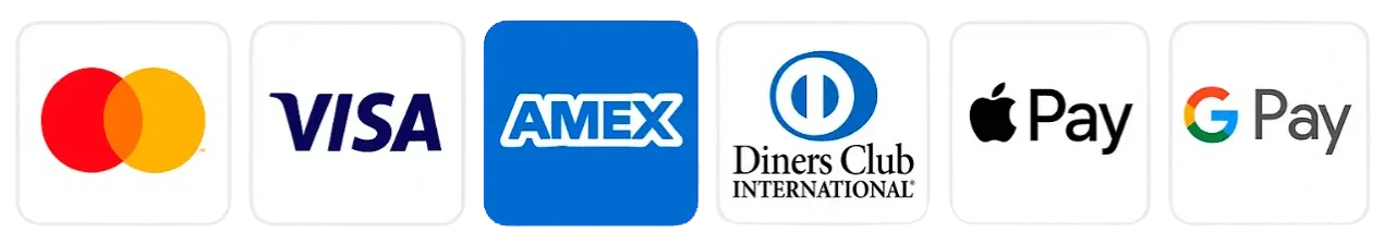 Payment logos: Mastercard, Visa, American Express, Diners Club, Apple Pay and Google Pay