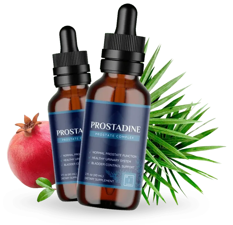 The Prostadine bottle in front of palm fronds with a pomegranate and seaweed beside it