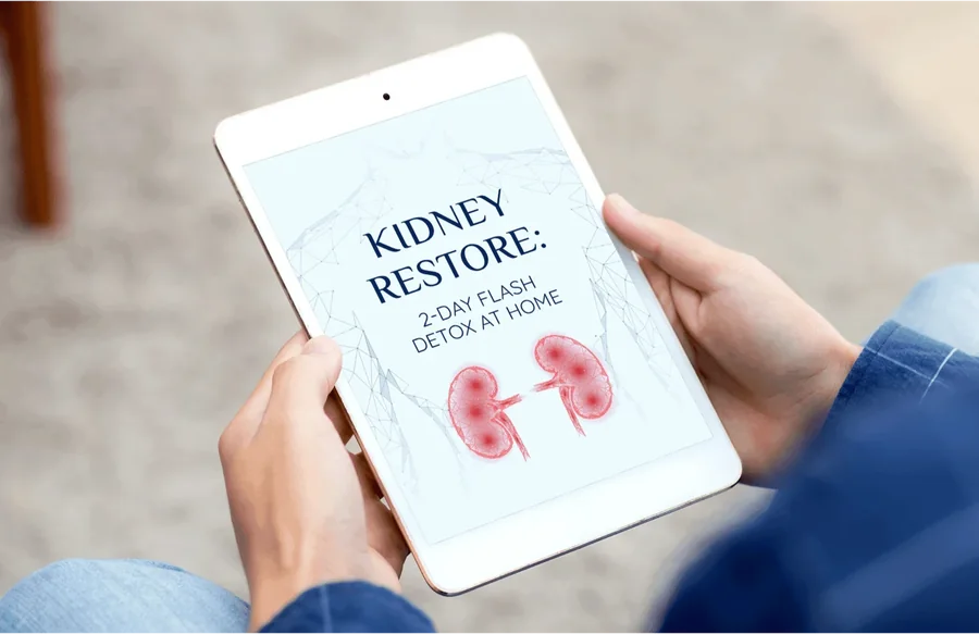 A tablet showing a kidney illustration and the title 'Kidney Restore: 2-Day Flash Detox at Home'